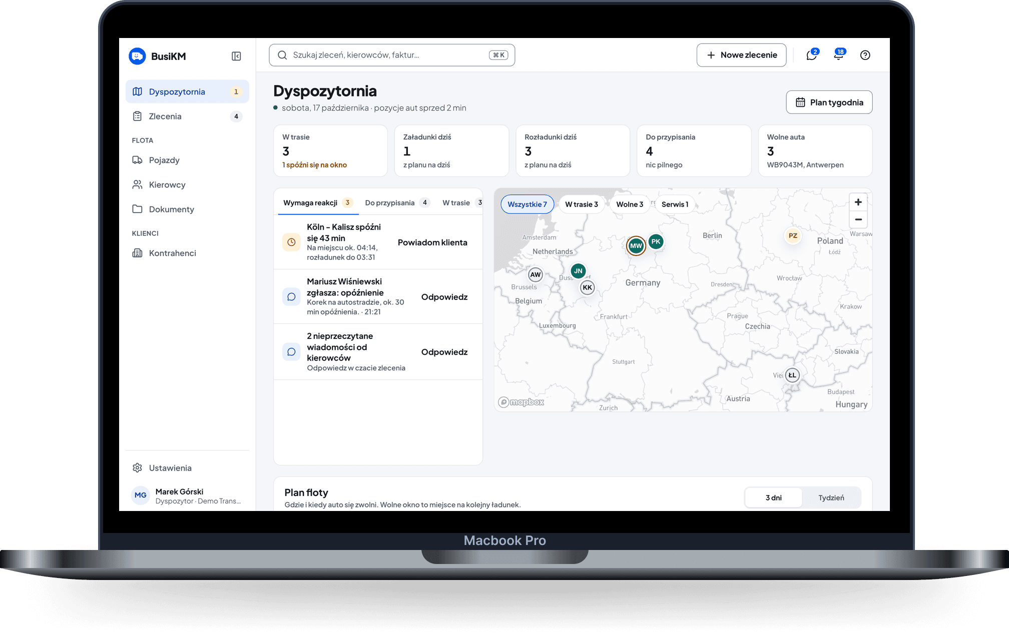 Ekran dyspozytora · desktop 1440 — Szeroki ekran w trzech kolumnach: lista zleceń, mapa z trasami, panel kierowcy z rozmową.