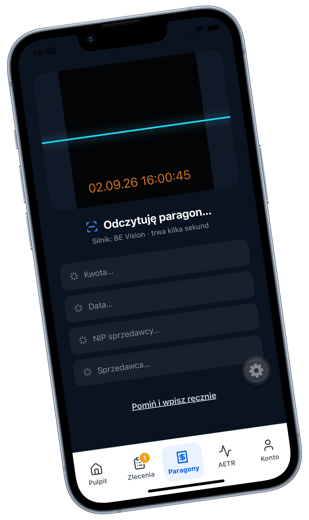 Koszt z paragonu · telefon — Telefon ze zdjęciem paragonu (perspektywa), obok „odklejony” panel z rozpoznanymi polami podświetlonymi na zielono.