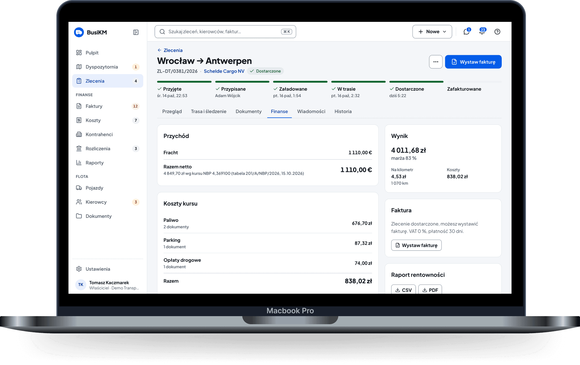 Karta zysku · desktop, tryb nocny — Karta zlecenia Wrocław → Antwerpen, zakładka Finanse: fracht, koszty kursu w wierszach, obok wynik i marża.