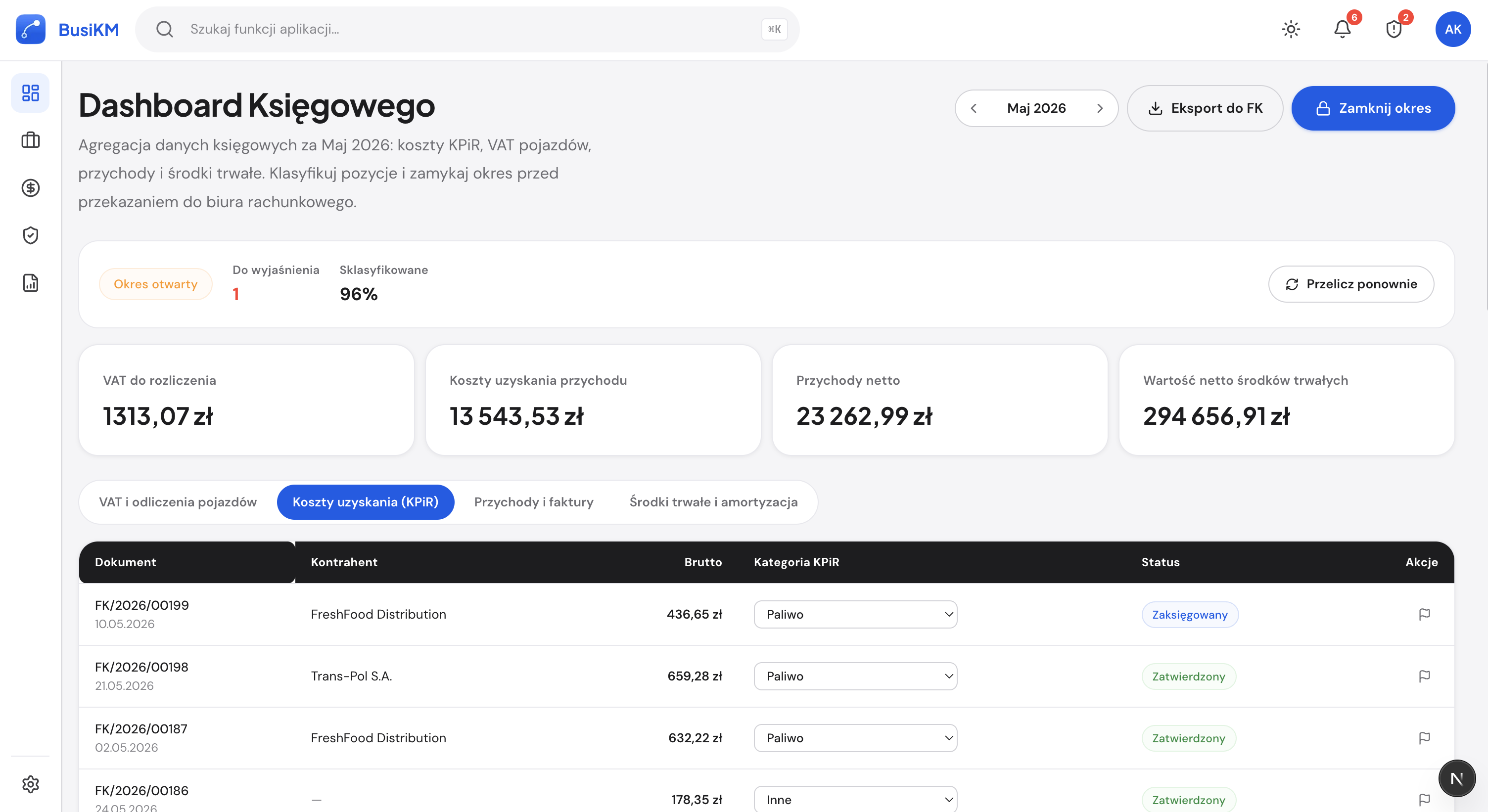 Modal eksportu BusiKM do Insert GT, Comarch ERP Optima, Symfonia FK i KSeF