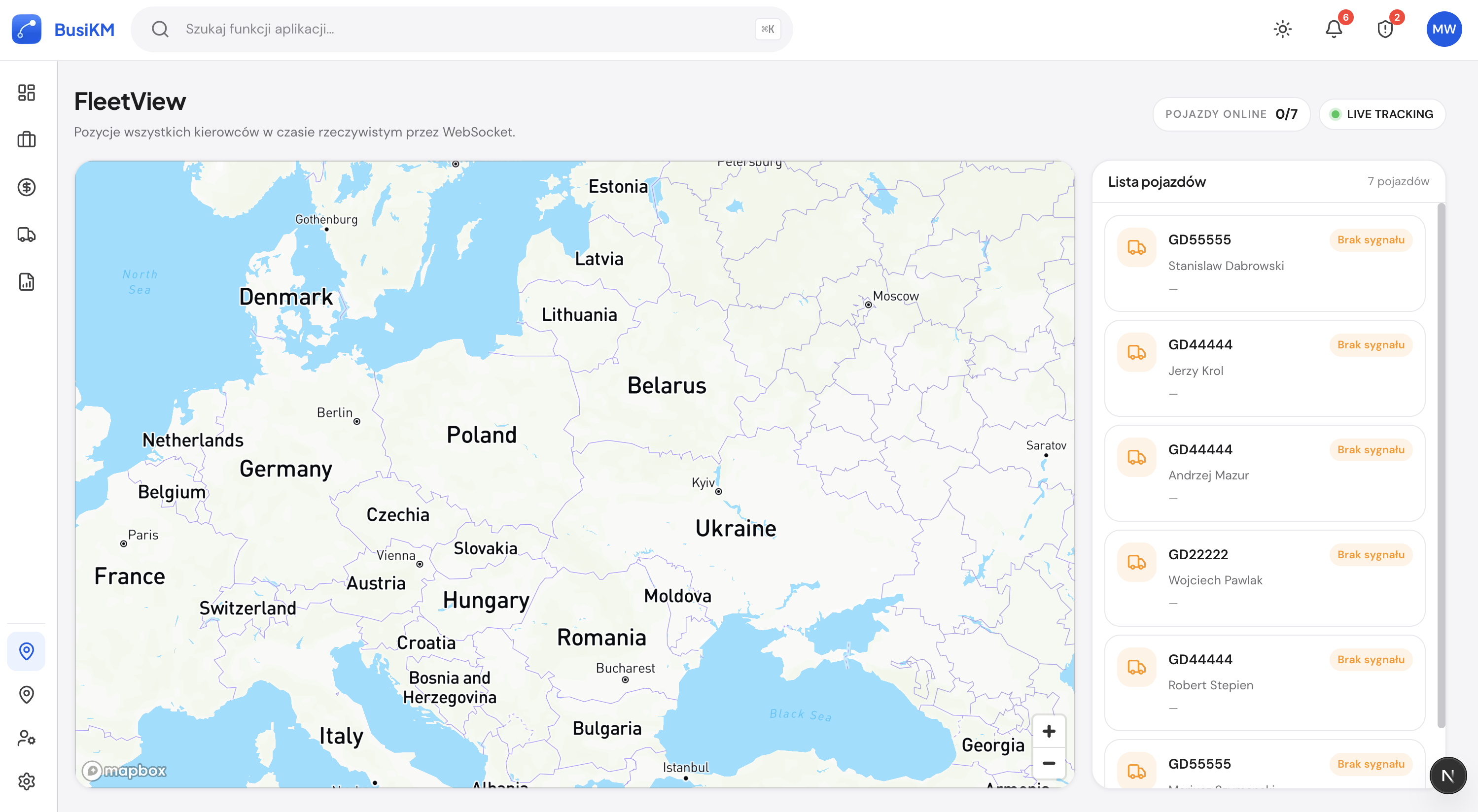 Mapa floty BusiKM — pozycje busów na żywo na mapie Europy